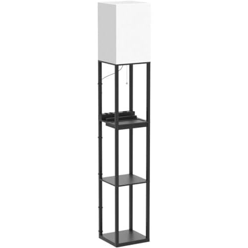 Shelf Floor Lamps for Living Room,Tall Standing Lamp with Shelves and Drawer,2 USB Charging Ports & 2 Power Outlet,Bright 3CCT LED Bulb Included - Black