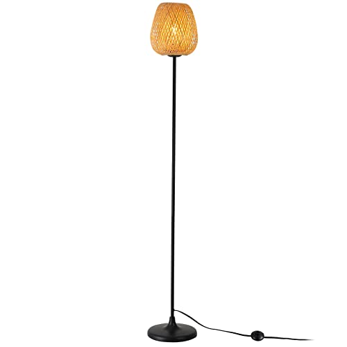 Bamboo Rattan Floor Lamp for Living Room, Boho Ambient Light Contemporary Plug in Cord Switch Standing Lamp Wicker Japanese Style E26 Lights for Bedrooms Living Room(Excluded Bulb)