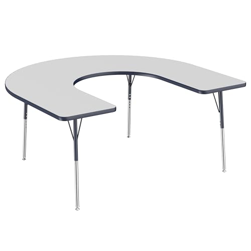 Factory Direct Partners 10093-GYNV Horseshoe Activity School and Office Table (60" x 66"), Standard Legs with Swivel Glides, Adjustable Height 19-30" - Gray Top and Navy Edge