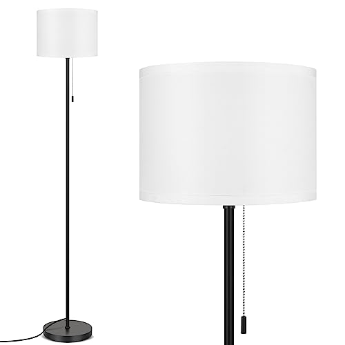 FOLKSMATE Floor Lamp for Living Room, Modern LED Simple Standing Lamps, Minimalist Tall Lamp for Bedroom, Living Room, Office, Kids Room, Reading Light, Black Pole Lamp with White Shade, Without Bulb