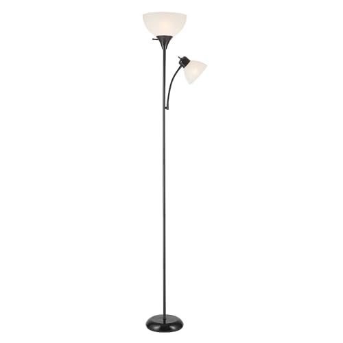 GLOBE Electric 67135 72" Torchiere Floor Lamp and Adjustable Reading Light, Matte Black, Frosted Shade, Dual Rotary Switch, 3-Step Dimming, Modern Lighting for Living Room or Office