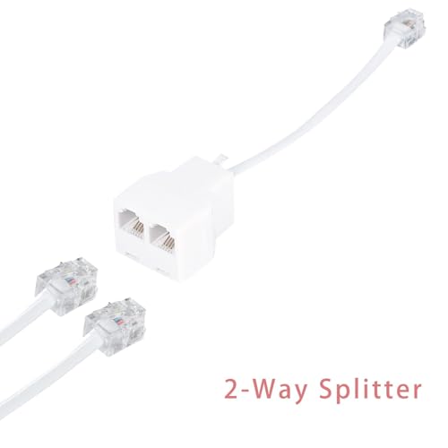 Long Telephone Extension Cord 20 FT, White, Phone Cable Line Wire with Standard RJ11 Plug, 1 Phone Line Splitter, 1 in-line Coupler and 15 Cable Clips for Telephone Calling Communication