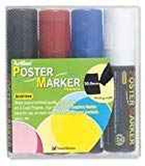 Artline Poster Board Markers, Chisel 20.0mm Extra Wide Flat Tip & Big Nib, Chart Paper Markers Visible From Great Distance, Water & Fade Resistant, Black, Red, Blue, White, Pack of 4