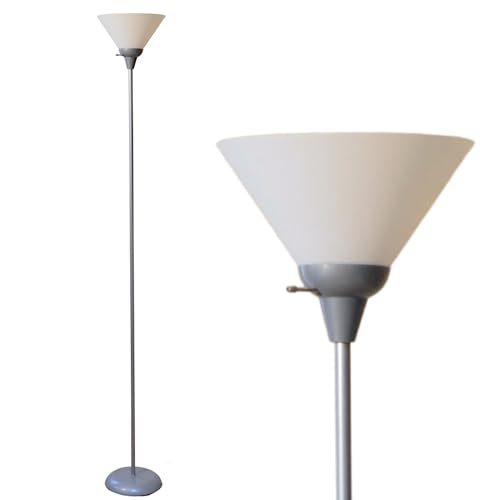 LIGHTACCENTS Mary Torchiere Floor Lamp ? Silver Standing Lamp with White Shade and Rotary Switch, Modern Pole Light for Living Room, Bedroom, Office, or Dorm ? Slim Minimalist Design