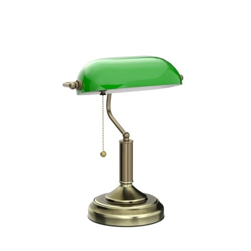 Green Glass Banker’s Desk Lamp with Pull Chain, E26 Base - Retro Office Light