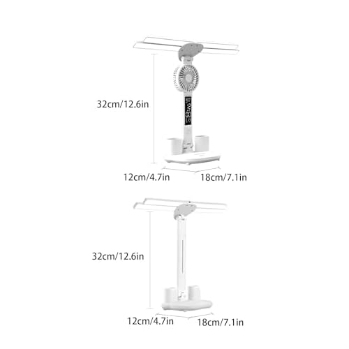 Led Desk Lamp with Fan Study Light with Clock, Adjustable Foldable Table Lamp with Pen Holder, 3 Brightness Levels, USB Charging Port