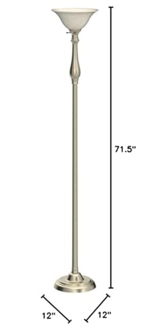 LIGHTACCENTS Floor Lamp, 72-Inch Standing Lamp with Brushed Nickel Finish and White Alabaster Glass Shade – Torchiere Pole Lamp for Living Room, Bedroom, or Corner Lighting