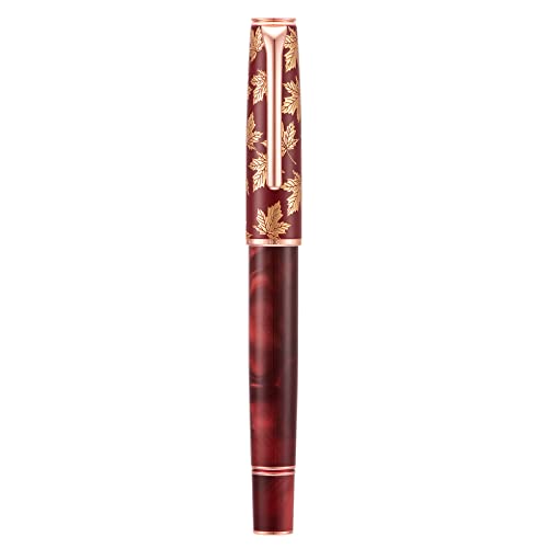 Hongdian N8 Red Acrylic Fountain Pen, Long Blade Fine Nib Rose Gold Trim Maple Leaves Carving Cap, Smooth Writing Pen with Converter and Metal Pen Box Set
