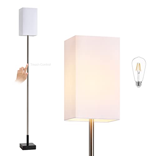 Floor Lamp, 3-Way Touch Control Dimmable Standing Lamp with Sturdy Marble Base, Brushed Nickel Touch Floor Lamp Tall Lamp with Square Linen Shade for Living Room, Bedroom, LED Bulb Included