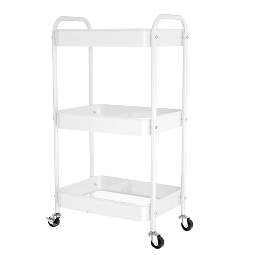 3-Tier Rolling Metal Storage Cart with Wheels, Multi-Functional Organizer for Office, Kitchen, Bathroom, Books Diapers - Easy Assembly (White)