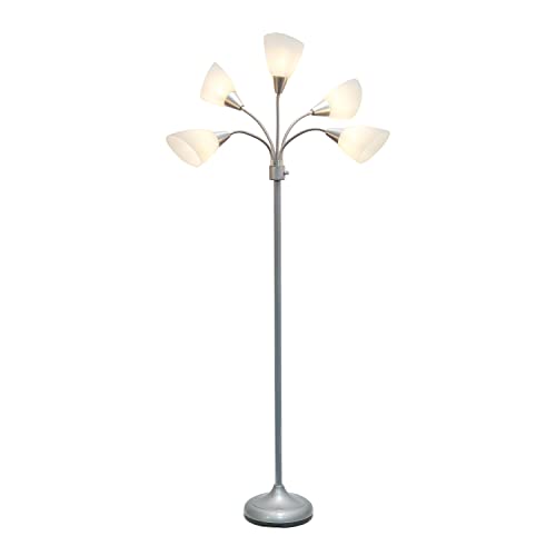 Simple Designs LF2006-SVW 67" Contemporary Multi Head Medusa 5 Light Adjustable Gooseneck Silver Floor Lamp with White Shades for Kids Bedroom Playroom Living Room Office