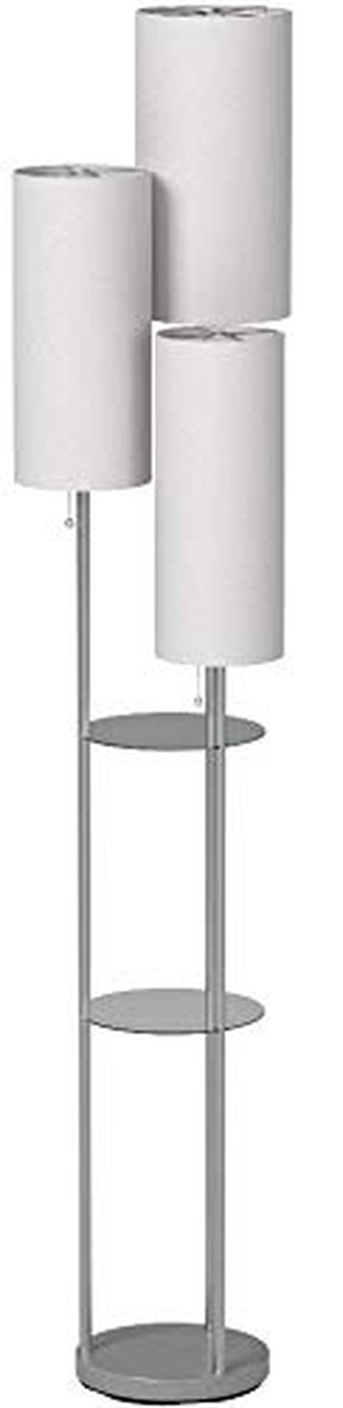 Adesso Trio Floor Lamp with Three Pull Chain Lights and Two-Tier Storage, Brushed Steel Base, White Linen Shades, 68” Tall, Enhances Room Decor and Lighting