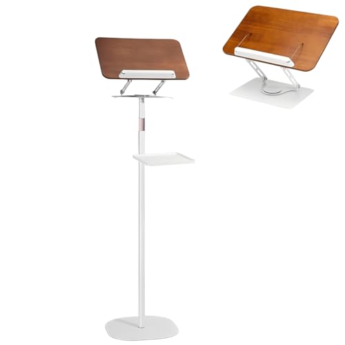 Podium Stand, Adjustable Lectern & Book Stand with Storage Tray Detachable 360¡Æ Rotating Table Heavy-Duty Metal Base for Presentations, Speech, Church, Classroom (White)