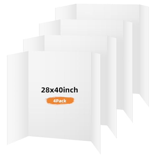 4 Pack Trifold Poster Board, 28x40 Inches White Presentation Board, Portable Display Board for Science Fair, School DIY Project and Business Exhibitions