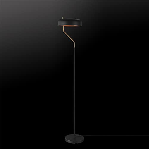 GLOBE Electric 67506 Powell 63" Floor Lamp, Matte Black, Antique Brass Accent, Stepless Rotary Dimmer Switch on Socket