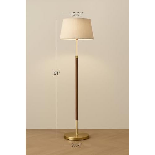 JOOFO Mid-Century Modern Wood Floor Lamp with Dual Fabric Shade, Remote Control, Dimmable & Adjustable Color Temperature, Reading & Living Room Lamp, Easy Clean Cover, Foot Switch