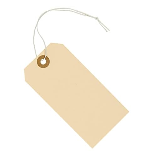 Tags with Elastic String Attached - #5, 4 3/4" x 2 3/8" Box of 200 Manila Paper Label Tags with Elastic Loop and Reinforced Hole