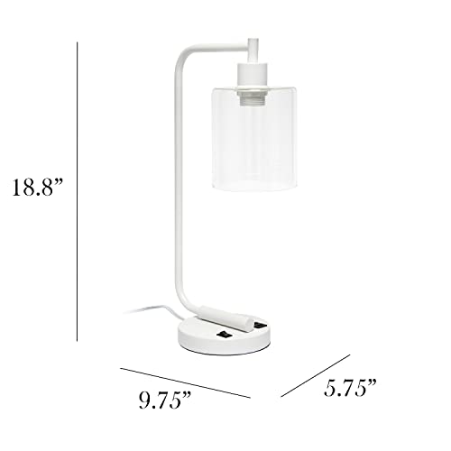 Simple Designs LD1066-WHT-LB Industrial Vintage Bronson Iron Lantern Desk Table Lamp with USB Port and Glass Cylinder Shade for Office, Living Room, Bedroom, White, with Feit LED Bulb Included