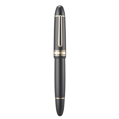 Yongsheng Junlai 630 Acrylic Fountain Pen, Size 8 Medium Nib with Piston Filling System, Piano Black Transparent Fence Ink Tank with Torpedo Shape Design Smooth Writing Pen (Gold Trim)