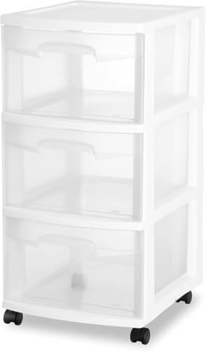 LovingStar Plastic Storage Drawer Cart with 3 Clear Drawers & Casters, Medium White