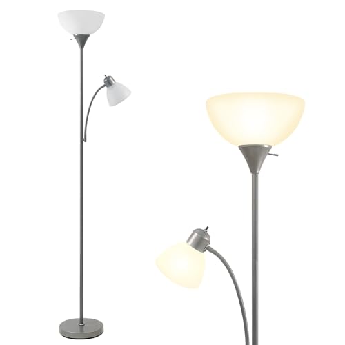 HonoDing Adjustable Silver Floor Lamp with Reading Light Susan Modern Standing Lamps for Living Room/Office Lamp 72" Tall - 150-watt with Side Reading Light Corner Lamps (Silver)