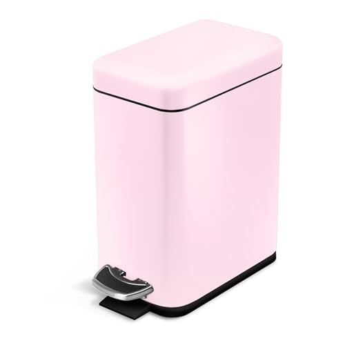 Home Zone Living 1.3 Gallon Small Bathroom Trash Can with Lid and Step Pedal, Stainless Steel Wastebasket with Slim Design for Home and Office, Matte Pink, 5 Liters