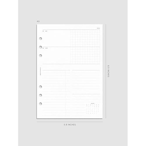 Cloth & Paper 2026 Dated Weekly Planner Inserts - Monday Start | A5 Size 5.8 x 8.3 Inches | Horizontal Weekly Layout, 215 | Minimal Agenda Refill | 6 Ring A5 Binder Planner Inserts