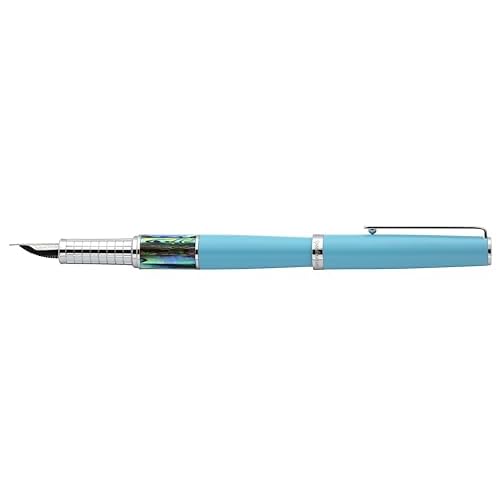 Xezo Speed Master Fountain Pen, Fine Nib. Matte Sky Blue with P?ua Abalone Sea Shell. Chrome Plated. Lightweight Brass Body. No Two Alike. Etched With a Serial Number