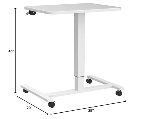 Mobile Standing Desk Height Adjustable Sit to Stand Table, 28 x 20'' Pneumatic Laptop Desk with Gas Spring Riser, Overbed Table with Lockable Wheels for Offices, Home, Medical (White)