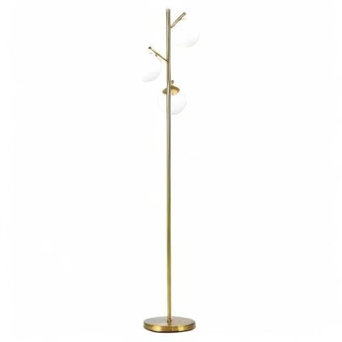 HOMCOM 3-Light Modern Floor Lamp for Living Room Bright Lighting, Tree Standing Lamp for Bedroom with Globe Lampshades, Steel Base, Cute Lamp, Bulb not Included, Gold
