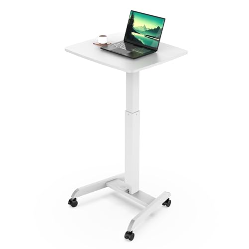 Mount-It! Adjustable Rolling Laptop Desk, Mobile Standing Desk with Wheels, Small Sit-Stand Computer Cart for Home, Office, or Classroom, 29.6?44.2" Height, 23.6"x20.5" Desktop, White