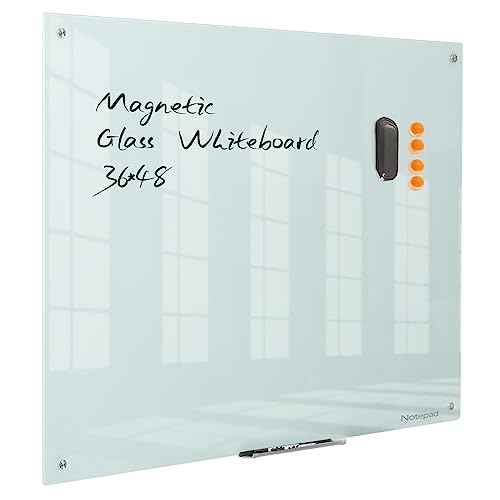 Magnetic Glass Dry Erase Board - White Board 48 x 36 Inches Wall Mounted Glass Whiteboard, Large Frameless Glass White Board for Wall Office, Home & School