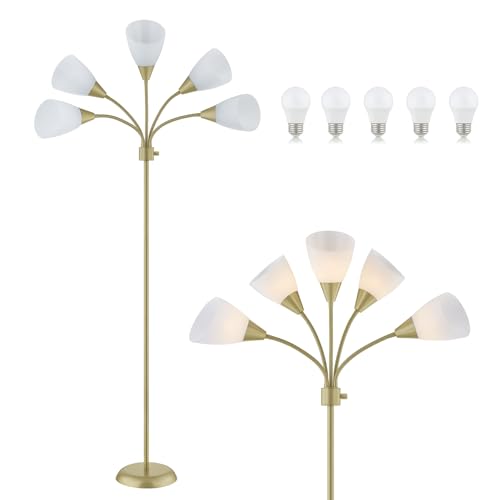 Medusa Modern Decor Floor Lamp, 5 Head Adjustable Gooseneck Lamps for Reading, White Shades Multiple Tall Standing Lamps for Living Room Bedroom Office Kids Classroom, Gold, Bulbs Included