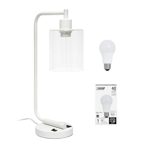 Simple Designs LD1066-WHT-LB Industrial Vintage Bronson Iron Lantern Desk Table Lamp with USB Port and Glass Cylinder Shade for Office, Living Room, Bedroom, White, with Feit LED Bulb Included