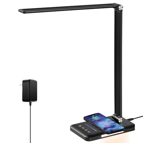 LED Desk Lamp with Wireless Charger, USB Charging Port, Night Light, 5 Color Modes, 10 Brightness, Eye Caring Reading Table Lamp for Home Office, Touch Control, Auto-Timer, Adapter Included
