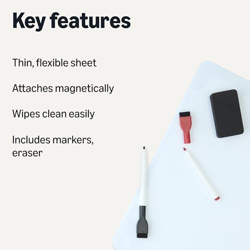 Magnetic Dry Erase Board for Fridge 20x13 Inches with Markers & Eraser - Whiteboard Sheet, Amazon Basics Whiteboard 13"x20"