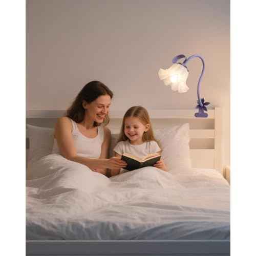 Flower Desk Lamp with Clamp - School Dorm Supplies, 3 Color Modes Flower Eye-Caring Clip on Light, Flexible Gooseneck Reading Lamps for Home College Studying Room Bedside (Purple)