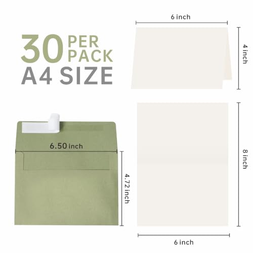 NKYE Sage Green 30 Pack A4 Blank Cards with Envelopes 4x6 Folded DIY Greeting Set