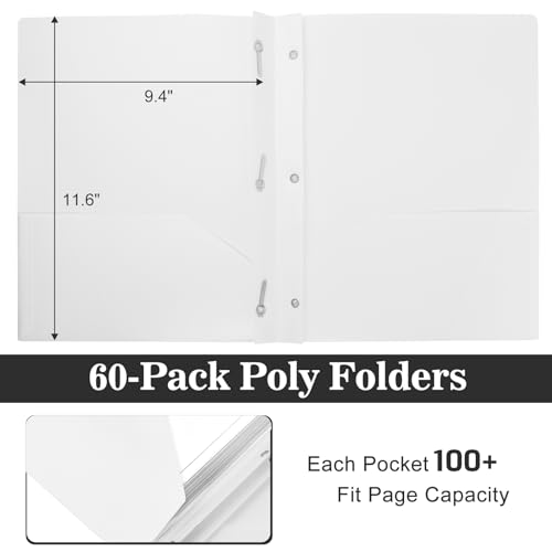 60-Pack Plastic Folders with Pockets and Prongs,2-Pocket Folders with 3 Fasteners, Poly Folders Holds 8-1/2" x 11" Paper for School/Office/Home, White
