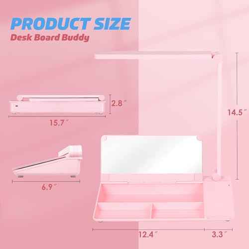 SHANTRA 16'' x 7'' Desktop Whiteboard with Fast Charger Station & Adjustable LED Lamp, Pink Desk Dry Erase Board with Organizer, Computer Pad & Keyboard Stand for Home, School, Office Desk Accessories