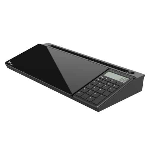 TOWON Desktop Glass Whiteboard with Basic Calculator, 12 Digit LCD Display, Desk Organizers with Accessories for Office, Home, School Supplies, Storage with Dry Erase Board Surface, Black, 17'' x 6''