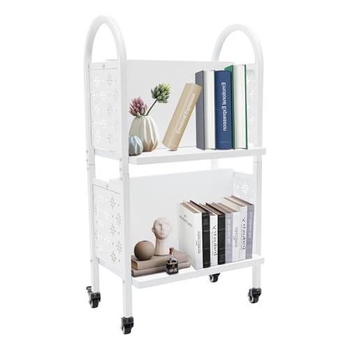 ACNAO 34in Two-Tier Rolling Book Cart with Lockable Wheels – Narrow Library/Home Book Cart