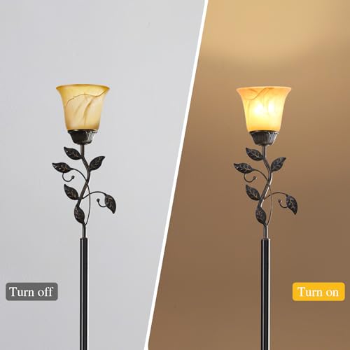 72¡± Flower Farmhouse Floor Lamp for Living Room, Unique Rustic Leaf Tall Standing Lamp with Amber Glass Shade and Traditional Foot Switch for Bedroom, Corner, Office, Bulb Included (Bronze)