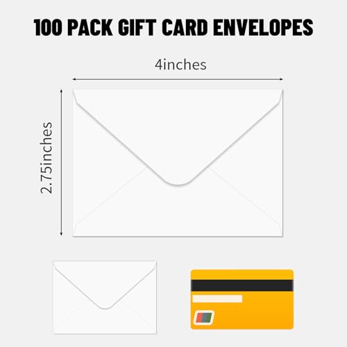 White Mini Gift Card Envelopes 4 x 2.75 inch Pack of 100 - Self-Sealing Business Card Sleeves