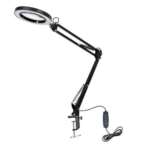 8X Magnifying Glass with Light, 3 Color Modes Stepless Dimmable 8-Diopter Real Glass Lens Magnifier with Light Desk Lamp Clamp Swivel Arm for Crafts Workbench
