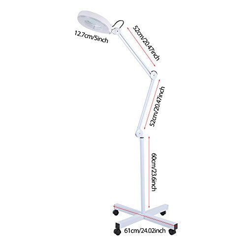 Magnifying Floor Lamp, 5X Glass Lens LED Magnifier Light Rolling Floor Standing Salon Beauty Skincare Tattoo Manicure Equipement with Adjustable - White