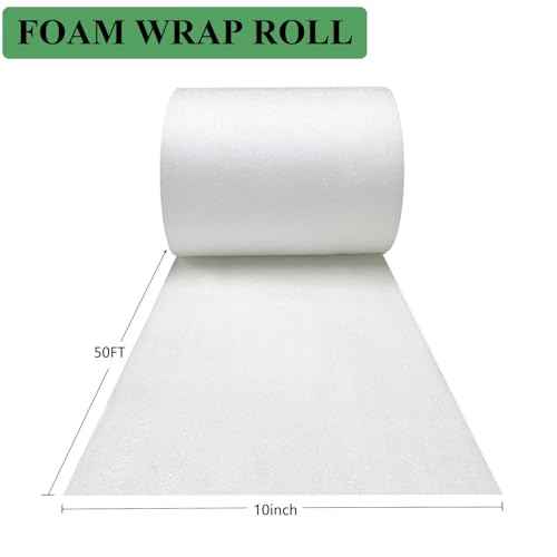 Foam Wrap Roll 10 Inch Wide x 50 FT Length Packing Foam Roll for Moving Supplies and Protection for Fragile, Cushioning Foam Packing Sheets for Wrapping Dish Packing Material