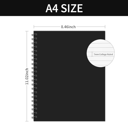 Lined Spiral Notebook A4 Large Black Journal 8.5" x 11"-4 Pack 7mm College Ruled Hardcover Notebooks 160 Pages 100GSM Thick Paper for Note Taking School Office Supplies