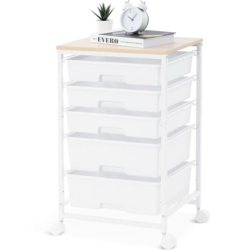 Utility Cart with 5 Drawers,Storage Drawer Cart with Wooden Tabletop and Lockable Wheels,Craft Storage Trolley Cart,5-Tier Rolling Utility Cart on Wheels,Bright White
