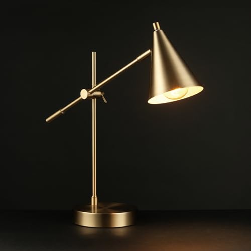 GLOBE Electric x Novogratz 52887 18" Desk Lamp, Matte Brass Finish, Adjustable Height, Balance Arm, Rotary Switch on Shade, Modern Lighting for Bedroom or Office, E26 Base 50W Bulb